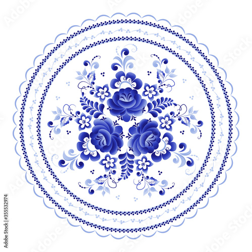 Round plate with a floral pattern of stylized roses is made using the Russian folk art Gzhel technique
