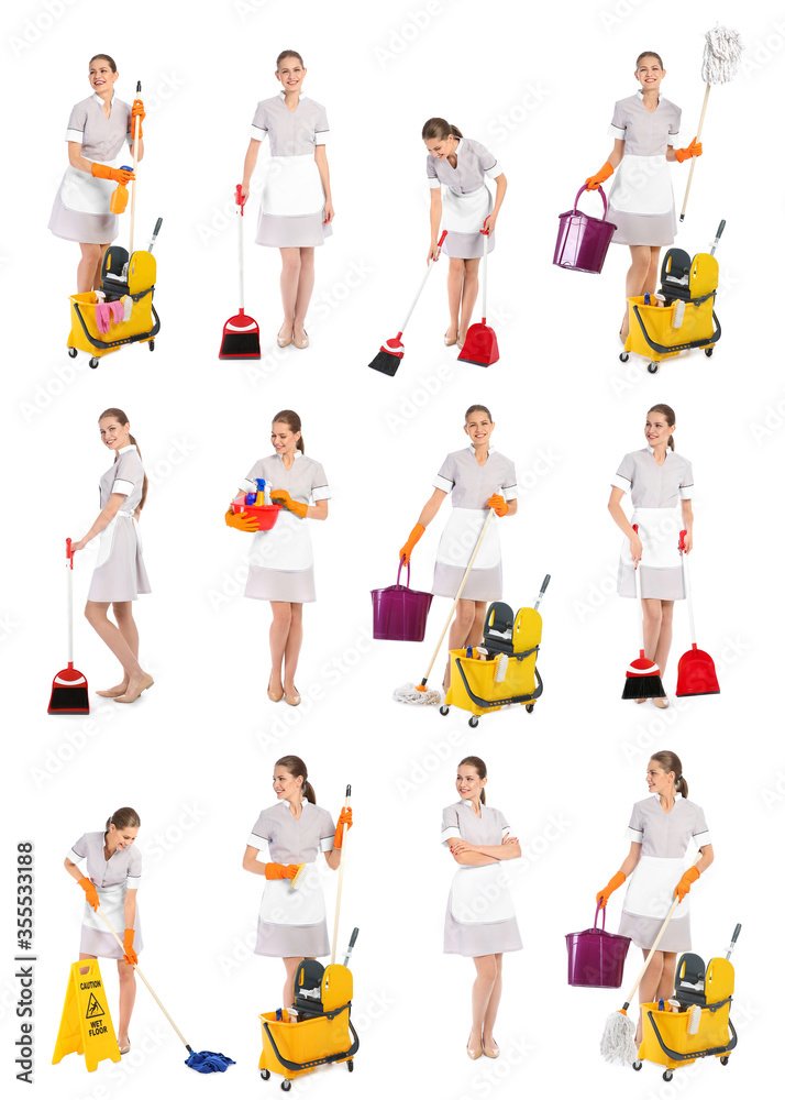 Collage with photos of chambermaid on white background Collage with photos of chambermaid on white background