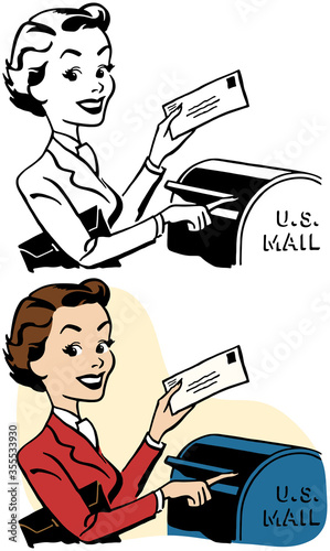 A cartoon of a woman dropping a stamped letter into a mailbox. 