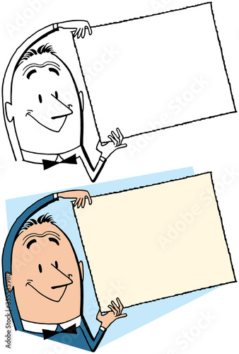 A cartoon of a man holding up a blank sign. 