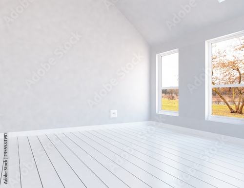 White minimalist room interior with furniture on a wooden floor  frames on a large wall  white landscape in window. Home nordic interior. 3D illustration