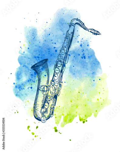 hand drawn classical saxophone on watercolor splash. vector illustration