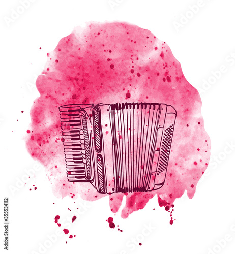 hand drawn accordion on watercolor splash on white. vector