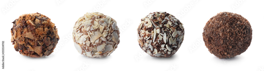 Set with different chocolate candies on white background. Banner design Set with different chocolate candies on white background. Banner design
