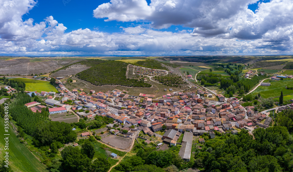 Aerial view of the Cobos de Cerrato village in the community of Castilla y Leon in Spain.