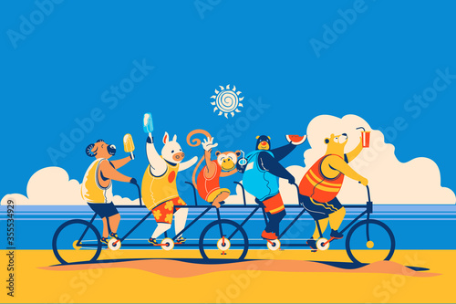 Summer animals cycling together with tandem bike and enjoy the summer with eat fruit and ice cream vector