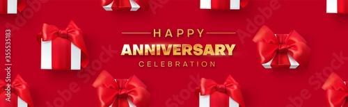 Anniversary celebration. Golden text, holiday gifts and confetti on a red background. Banner decoration. Vector illustration