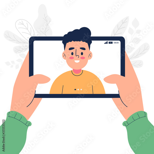 Hand holding tablet app video call with friend vector illustration