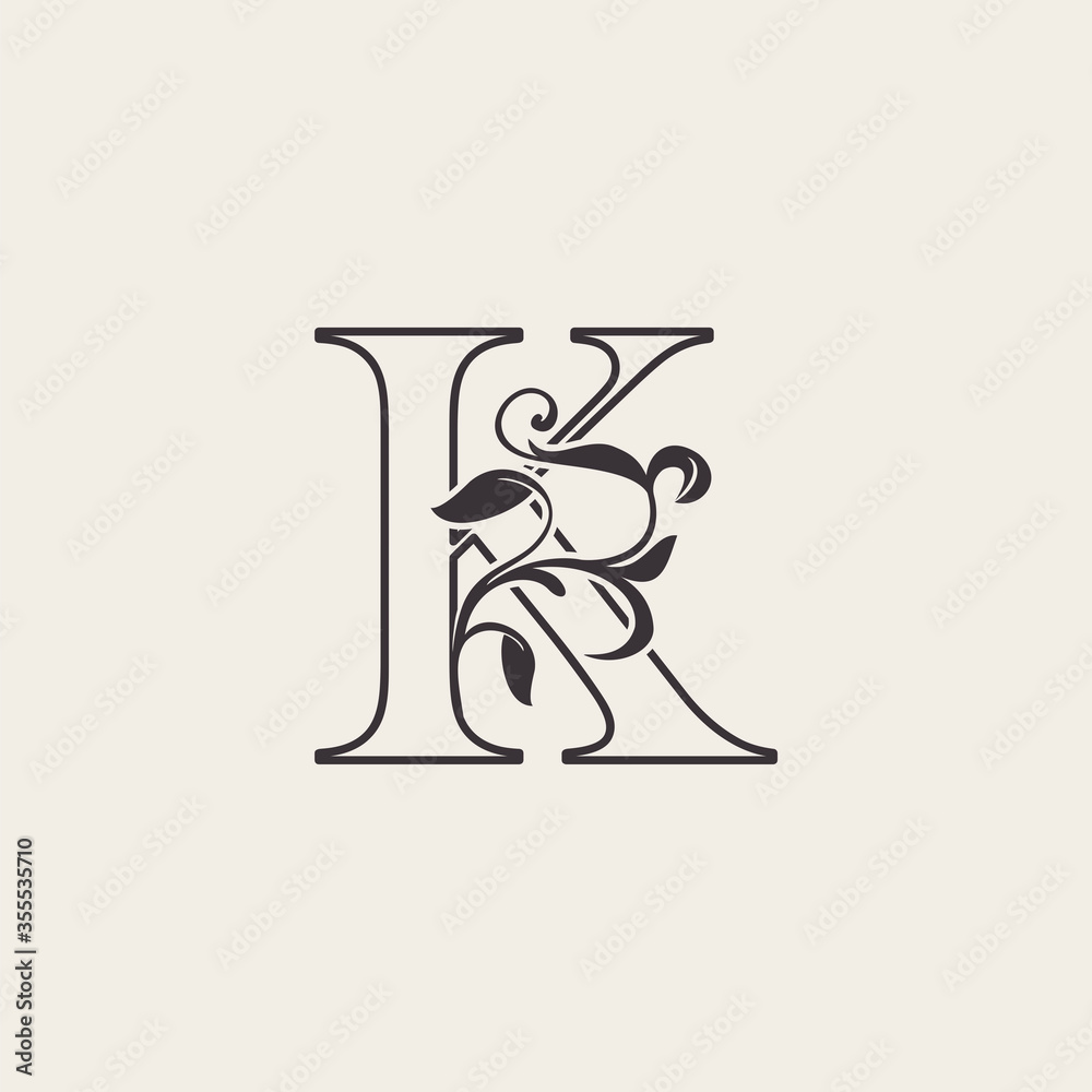 Graceful Floral Letter K Luxury Logo Icon . Black and White Outline ...
