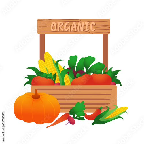 Harvest in a wooden box. Harvested. Vegetables on sale.