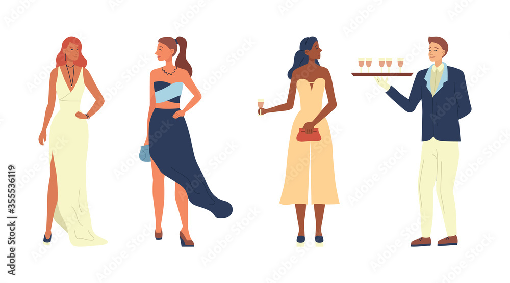 Concept Of Fashion. Handsome Young Beautiful Girls In Evening Gowns On Club Party. Waiter With a Tray Delivers Drinks. Privat Party With Guests And Service. Cartoon Flat Style. Vector Illustration