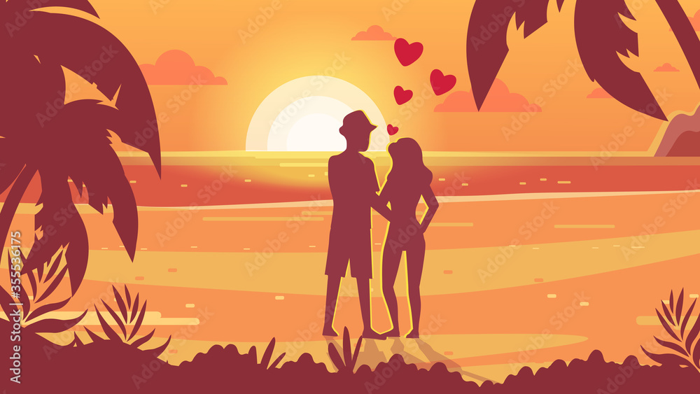 Romantic date, meeting at sunset. Lovers on the seashore watching the sunset. Honeymoon. Tropical nature. Romantic date, meeting at sunset. Lovers on the seashore watching the sunset. Honeymoon. Tropical nature.