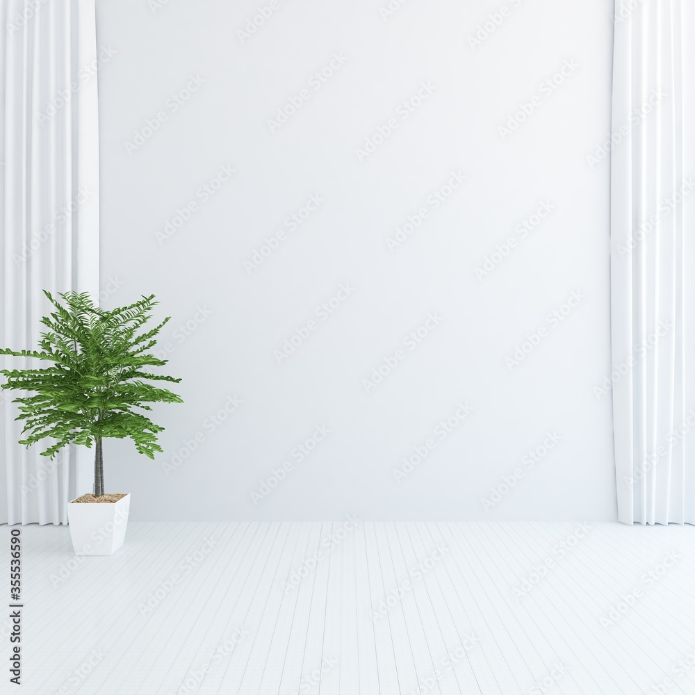 White minimalist room interior with furniture on a wooden floor, frames on a large wall, white landscape in window. Home nordic interior. 3D illustration White minimalist room interior with furniture on a wooden floor, frames on a large wall, white landscape in window. Home nordic interior. 3D illustration