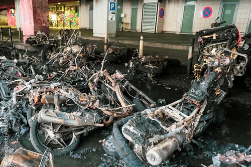 Burned motobikes and scooters after riot in Paris, Gare de Lyon district. 