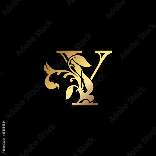 Floral Gold Y Luxury Letter Logo Design, Elegance Alphabet Vector Nature Leaf Style.