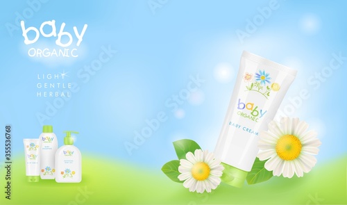 Baby cosmetic ads template. Chamomile shampoo, cream and oil packagings. Three different tubes. Realistic mockup, pretty kids design. Vector