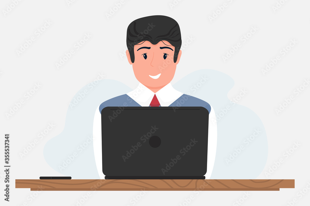Businessman entrepreneur in a suit working on a laptop at desk. Vector stock illustration in flat style isolated on white background. Businessman entrepreneur in a suit working on a laptop at desk. Vector stock illustration in flat style isolated on white background.
