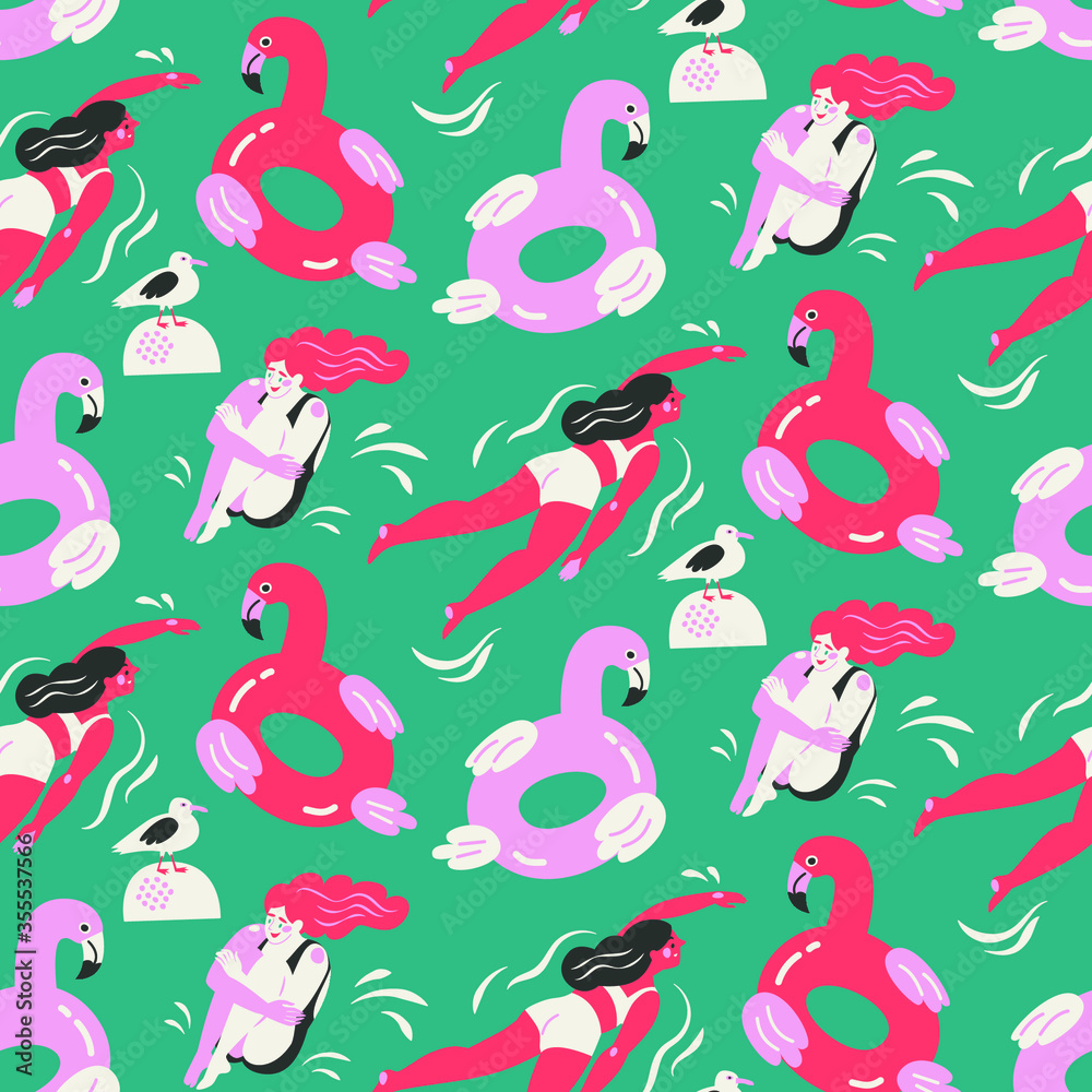 Vector seamless pattern with female swimmers in retro swimsuits and seagulls