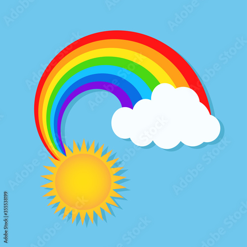 Colorful rainbow, sun and cloud in the sky in cartoon style like element for design, stock vector illustration