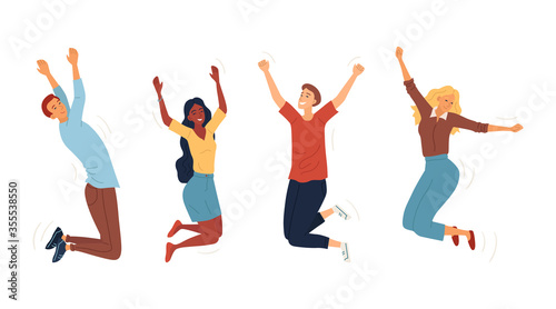 Set Of Jumping Happy People. Young Funny Teens Boys And Girls Jumping Together. Joy Lifestyle And Symbol Of Happy And Success In Studying, Business Or Personal Life. Cartoon Flat Vector Illustration