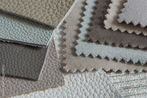 Various Leather and Fabric samples, Close up view from above