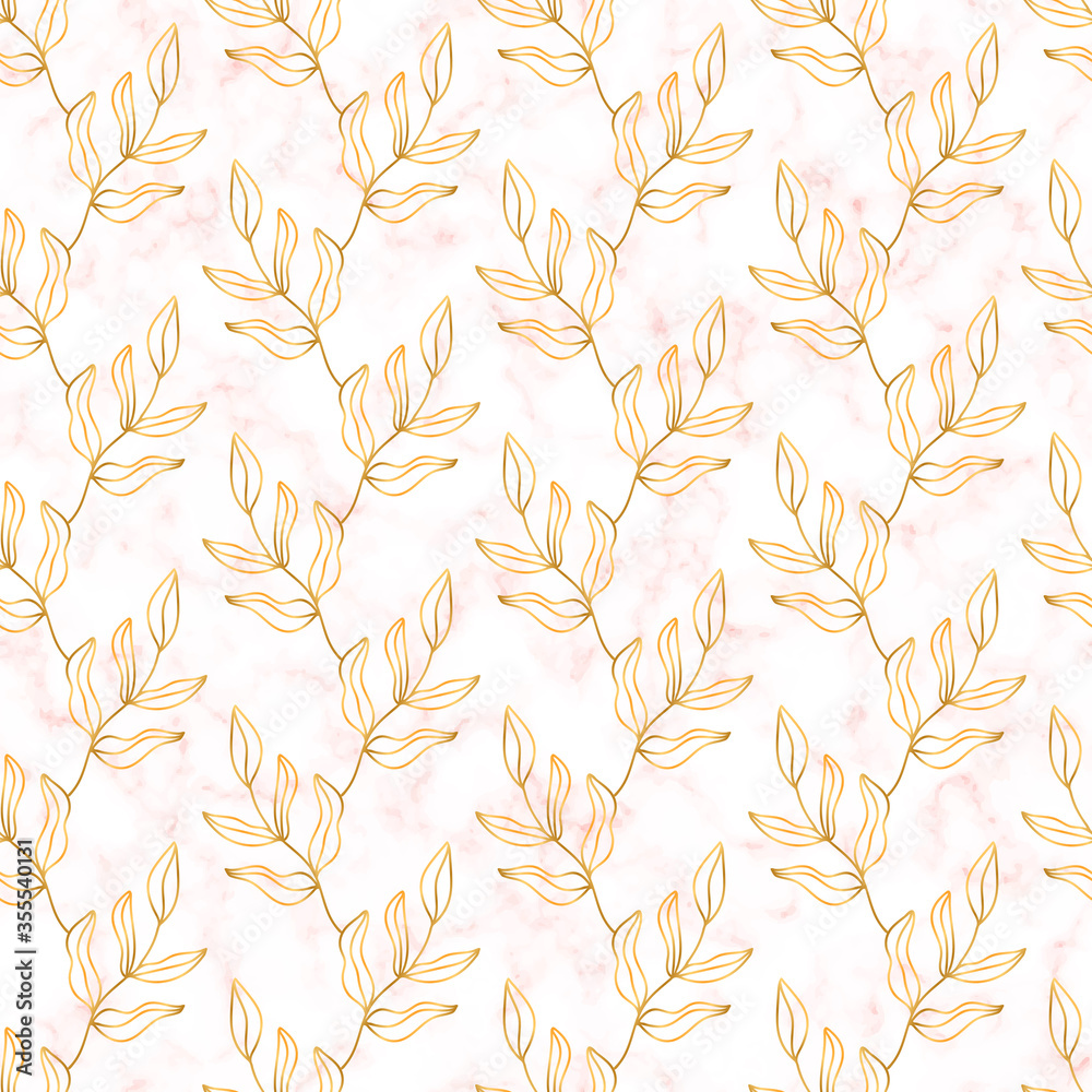 Vector seamless luxury pattern with pink marble texture and golden floral elements. Marble background with gold branches over it. Elegance backdrop for wedding invitations, decoration, card Vector seamless luxury pattern with pink marble texture and golden floral elements. Marble background with gold branches over it. Elegance backdrop for wedding invitations, decoration, card