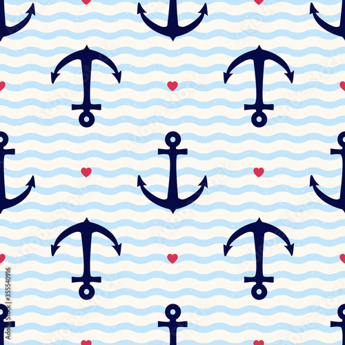 Vector seamless geometric pattern with anchors, hearts, polka dot and wavy lines. Nautical background in minimalistic style. Vintage maritime backdrop for texture, paper, card, textile, scrapbook