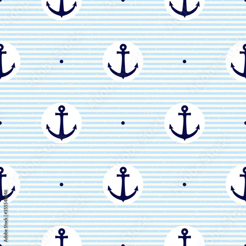 Vector seamless geometric pattern with anchors in white circles, polka dot and lines. Nautical background in minimalistic style. Vintage maritime backdrop for texture, paper, card, textile, scrapbook