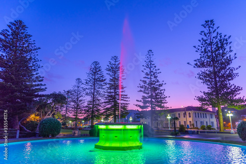 Night view of Tom Parker fountain in Napier, New Zealand
