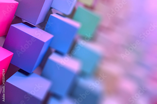 Lots of colorful cubes of diagonally. Blurred, defocused, copy space. 3D illustration. purplish