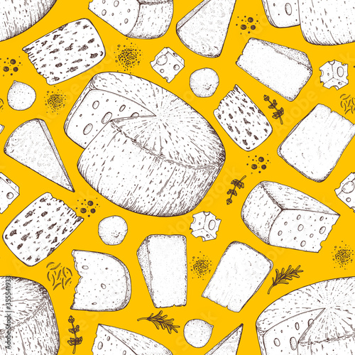 Cheese seamless pattern. Hand drawn vector illustration. Vintage food background. Engraved style. Different cheese kinds background.