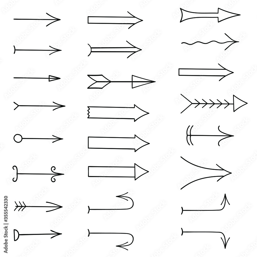 Set of vector arrow icons. Vector black arrows drawn by hand isolated on a white background.