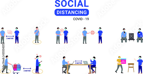 Social distancing Flat design illustration example for greetings, keep 2-meter distance, no handshake,  keep distance in meetings, safe home food delivery to avoid the spread of coronavirus cover-19