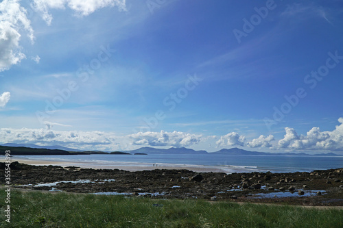 The beach at Abeffraw  Anglesey  Wales  with the mountains of Snowdonia in the distance