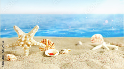 Caribbean golden Starfish and variety of seashells on sand beach over turquoise ocean.
