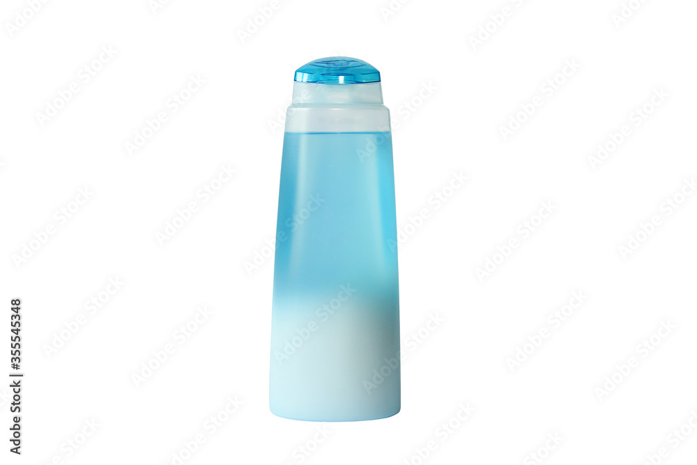 Blue cosmetic bottle on a white background. Shampoo, lotion. Shower gel Blue cosmetic bottle on a white background. Shampoo, lotion. Shower gel