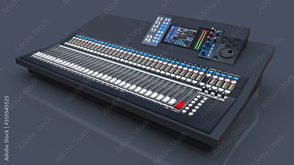 Medium-sized grey mixing console for Studio work and live performances on a gray background. 3d rendering. Medium-sized grey mixing console for Studio work and live performances on a gray background. 3d rendering.
