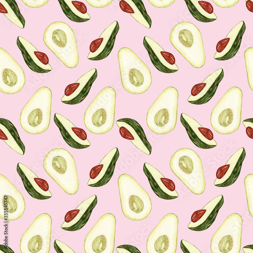 Avocado watercolor. Seamless patternon on a pink background. Watercolor botanical illustrations. Collection of hand-drawn flowers and plants. Tropical plant.