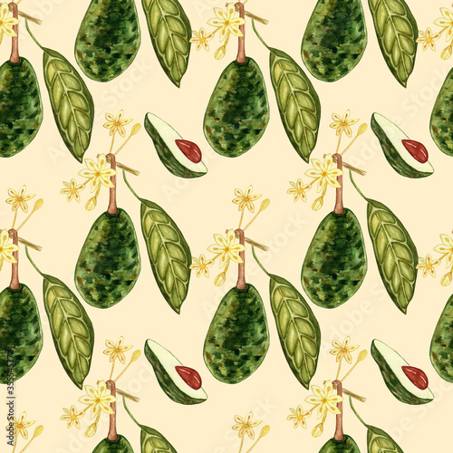 Avocado watercolor. Seamless patternon on a light background. Botanical illustrations. Collection of hand-drawn flowers and plants. Tropical plant.