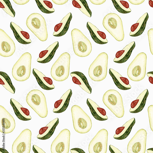 Avocado watercolor. Seamless patternon on white background. Botanical illustrations. Tropical plant.
