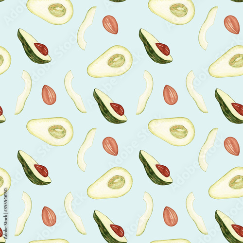 Avocado watercolor. Seamless pattern on a light blue background. Botanical illustrations. Tropical plant.
