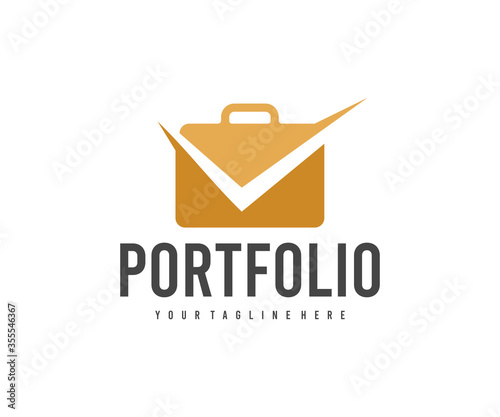 Portfolio and check mark, briefcase, bag and suitcase, logo design. Business, accounting and finance, vector design and illustration
