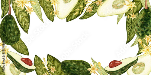Avocado watercolor. Design template for postcardson on white background. Botanical illustrations. Collection of hand-drawn flowers and plants. Tropical plant.