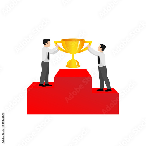 People on pedestal holding golden cup  - vector concept with two businessman in podium with award of first place - illustration of victory, success, prize