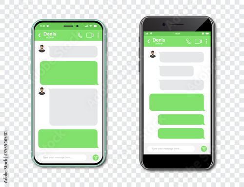Set of smartphones with blank chat messenger. Template with message bubbles in smartphone