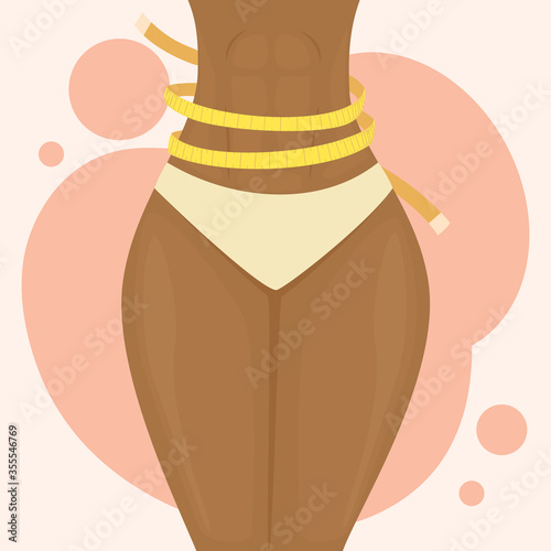 Slim Woman Measures Waist on Pink Background