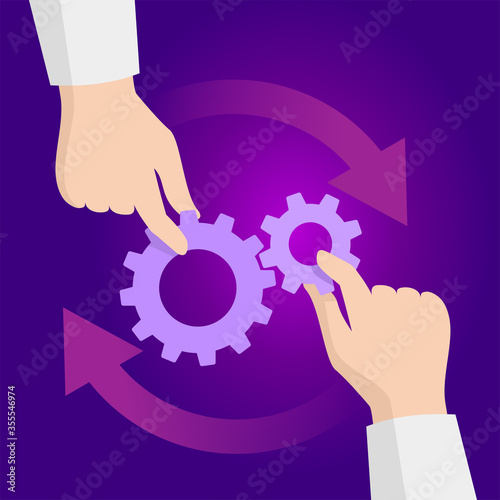 Hands holding gears and connecting cog wheels into one mechanism - vector illustration for cooperatoin, partnership, teamwork strategy or engineering