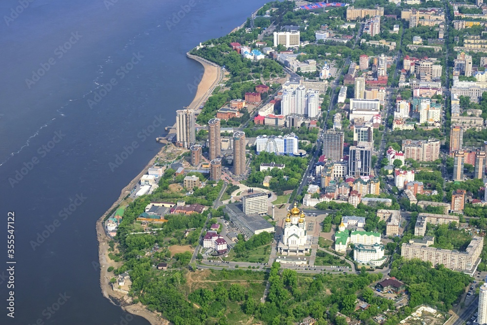 Khabarovsk city on the Amur river bank. Aerial view. Far East, Russia.