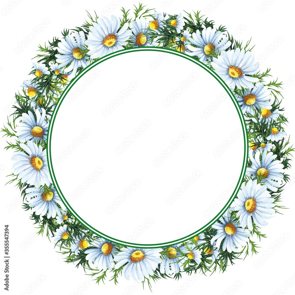 Watercolor floral wreath with chamomile flowers, leaves, foliage, branches, fern leaves, place for your text. Perfect for wedding, invitations, greeting cards, print. Round autumn?s wildflowers frame