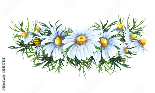 Watercolor floral wreath with chamomile flowers,leaves, foliage, branches, fern leaves and place for text. Perfect for wedding, invitations, greeting cards, print. Wildflowers bouquet.